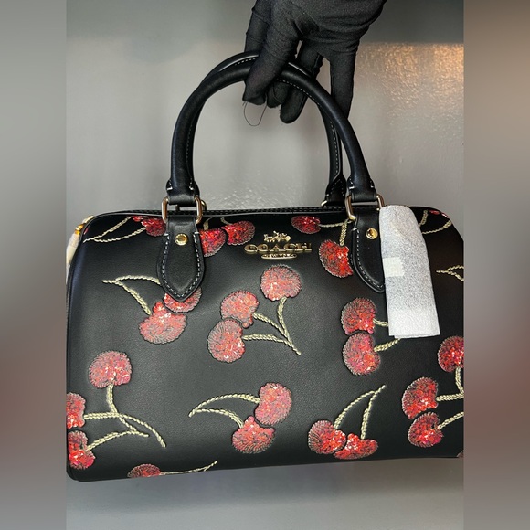 Coach Rowan Satchel Bag in Leather with Cherry Print Black Multi - Picture 10 of 10